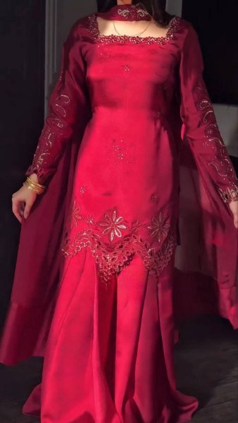 Stunning Red Fendy Silk Suit Set with Heavy Thread Sequins Work and Matching Dupatta Ready To Wear Collection