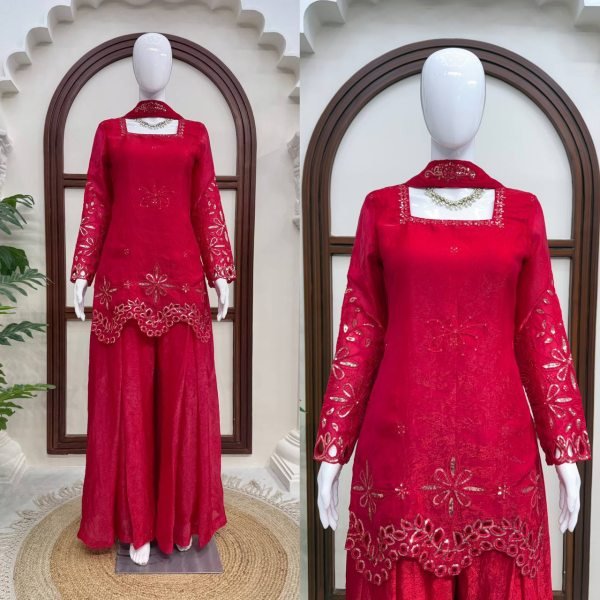 Stunning Red Fendy Silk Suit Set with Heavy Thread Sequins Work and Matching Dupatta Ready To Wear Collection