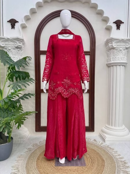 Stunning Red Fendy Silk Suit Set with Heavy Thread Sequins Work and Matching Dupatta Ready To Wear Collection