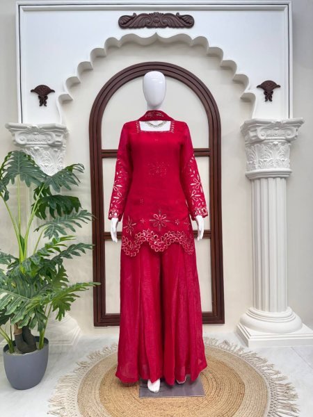 Stunning Red Fendy Silk Suit Set with Heavy Thread Sequins Work and Matching Dupatta Ready To Wear Collection