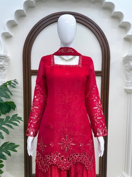 Stunning Red Fendy Silk Suit Set with Heavy Thread Sequins Work and Matching Dupatta Ready To Wear Collection
