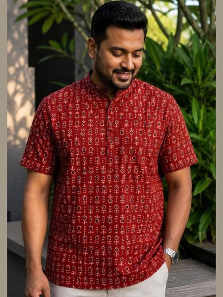 Stunning Red Premium Casual Wear Cotton Print Half Sleeve Kurta at Manufacturer Rate 