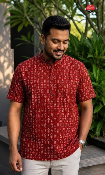 Stunning Red Premium Casual Wear Cotton Print Half Sleeve Kurta at Manufacturer Rate Mens Shirt