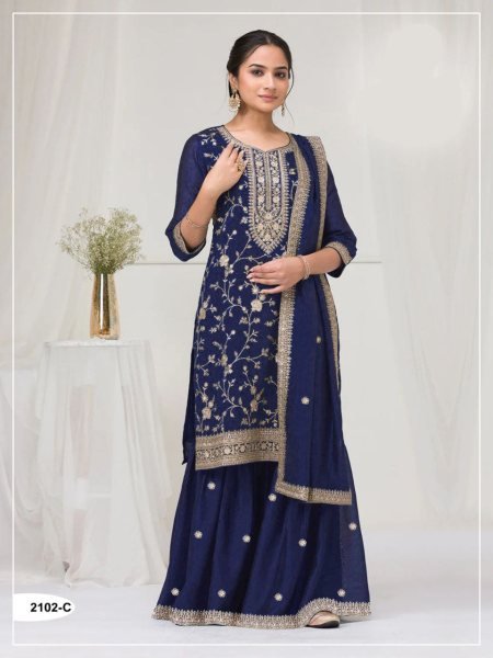 Stunning Royal Blue Embroidery with Sequence Work Plazzo Suit at Party Wear Designer Plazzo Salwar Suits Wholesale