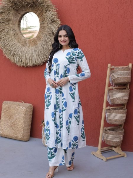 Stunning Sky Blue Floral Printed Cotton Daily Wear Kurti With Pant Kurtis