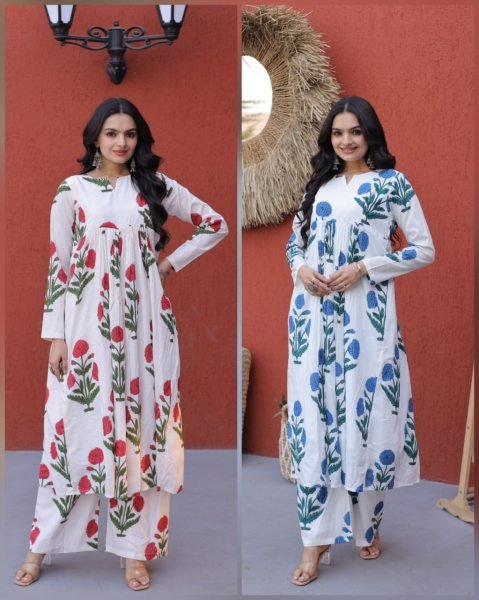 Stunning Sky Blue Floral Printed Cotton Daily Wear Kurti With Pant Printed Kurtis