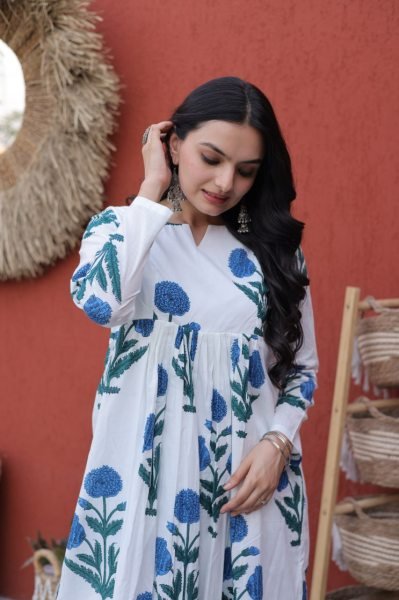 Stunning Sky Blue Floral Printed Cotton Daily Wear Kurti With Pant Printed Kurtis