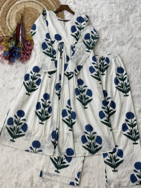 Stunning Sky Blue Floral Printed Cotton Daily Wear Kurti With Pant Printed Kurtis
