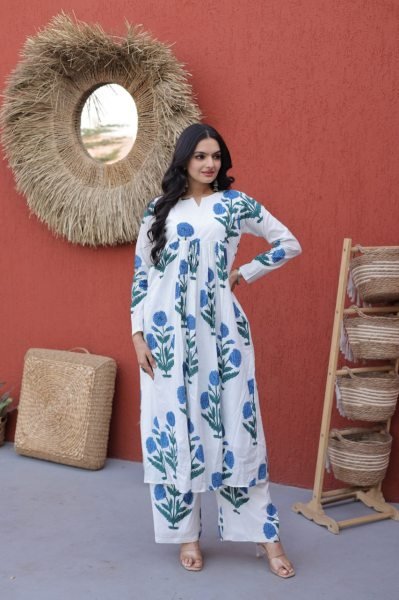 Stunning Sky Blue Floral Printed Cotton Daily Wear Kurti With Pant Printed Kurtis