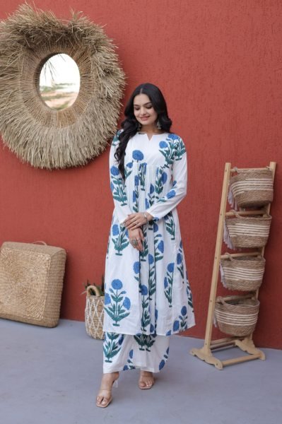 Stunning Sky Blue Floral Printed Cotton Daily Wear Kurti With Pant Printed Kurtis