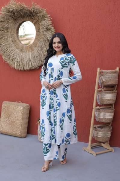 Stunning Sky Blue Floral Printed Cotton Daily Wear Kurti With Pant Printed Kurtis
