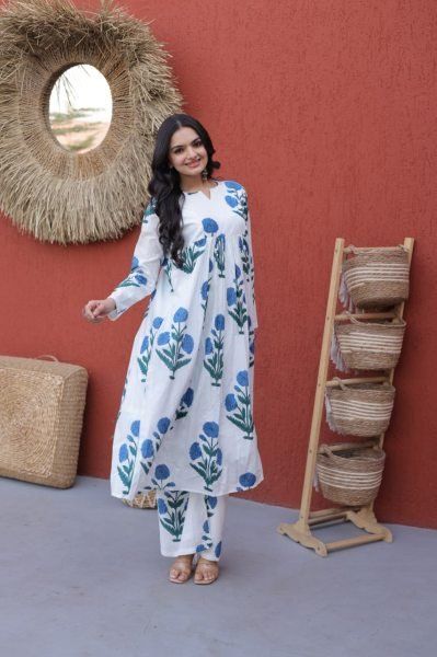 Stunning Sky Blue Floral Printed Cotton Daily Wear Kurti With Pant Printed Kurtis