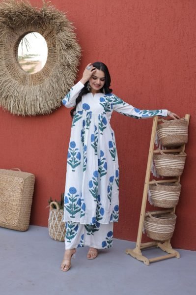 Stunning Sky Blue Floral Printed Cotton Daily Wear Kurti With Pant Printed Kurtis