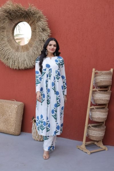 Stunning Sky Blue Floral Printed Cotton Daily Wear Kurti With Pant Printed Kurtis