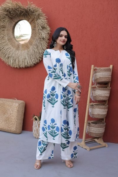 Stunning Sky Blue Floral Printed Cotton Daily Wear Kurti With Pant Printed Kurtis
