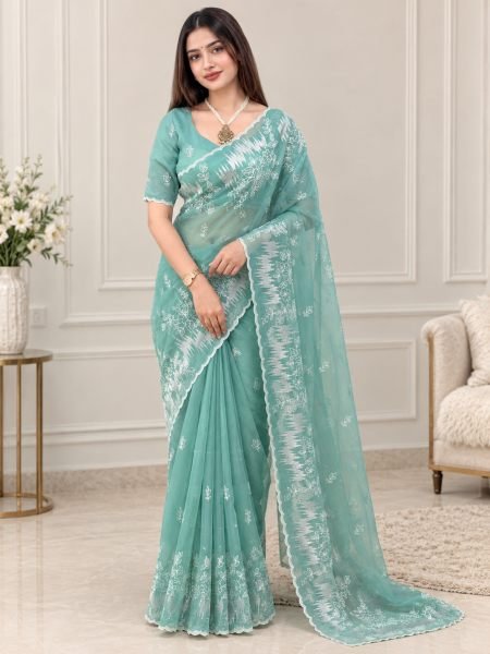Stunning Sky Blue Melborne Silk Saree with Embroidered Border for Festival Wear 