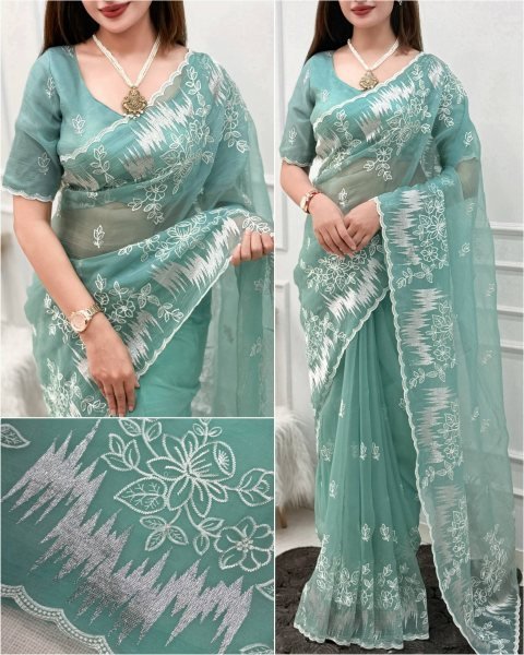 Stunning Sky Blue Melborne Silk Saree with Embroidered Border for Festival Wear Embroidery Sarees Wholesale
