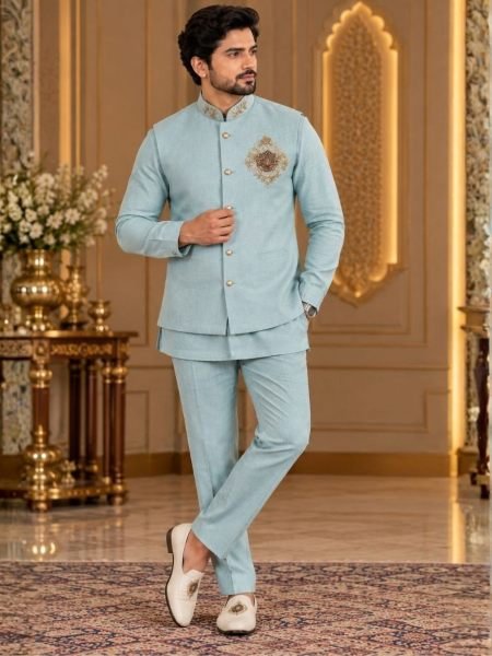 Stunning Sky Blue Men Linen Koti Set with Heavy Designer Brooch Work  