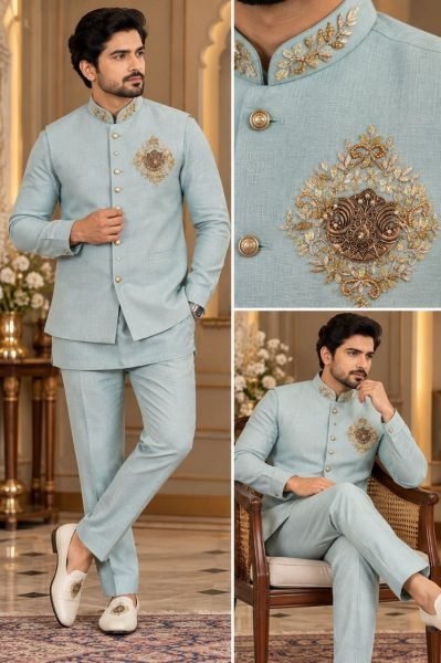 Stunning Sky Blue Men Linen Koti Set with Heavy Designer Brooch Work  Mens Shirt