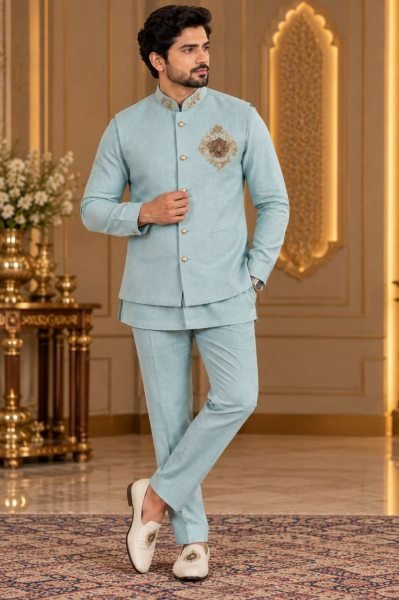 Stunning Sky Blue Men Linen Koti Set with Heavy Designer Brooch Work  Mens Shirt