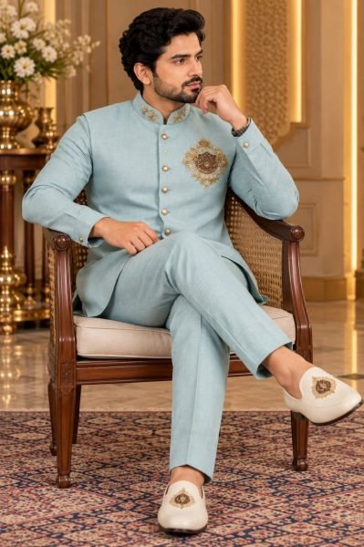 Stunning Sky Blue Men Linen Koti Set with Heavy Designer Brooch Work  Mens Shirt