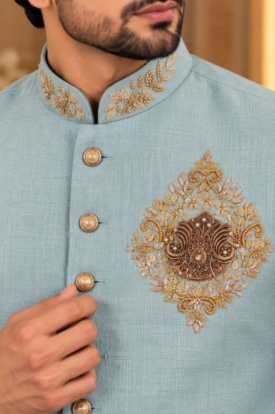 Stunning Sky Blue Men Linen Koti Set with Heavy Designer Brooch Work  Mens Shirt