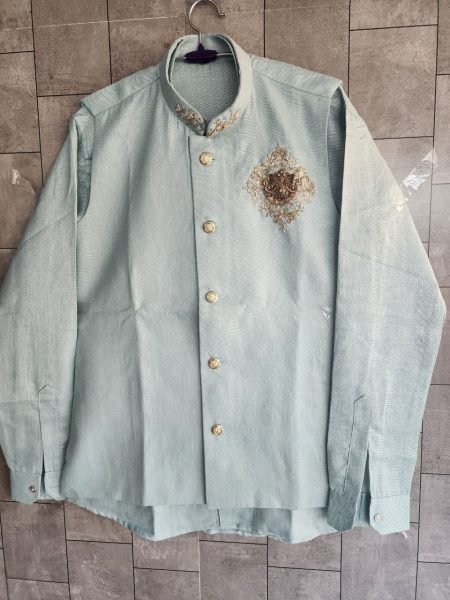 Stunning Sky Blue Men Linen Koti Set with Heavy Designer Brooch Work  Mens Shirt