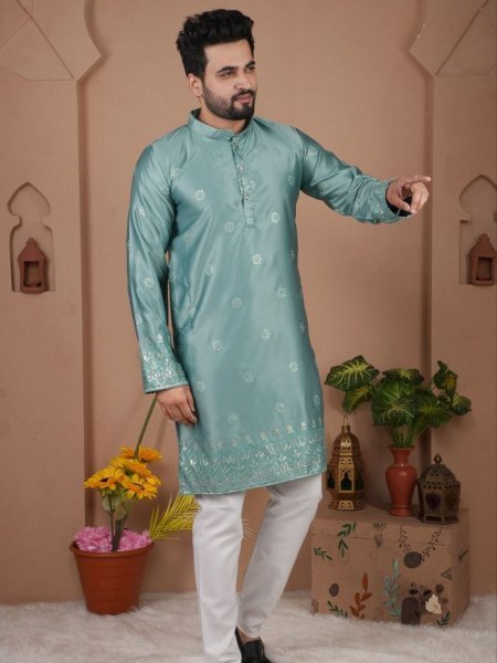 Stunning Turquoise Festive Wear Kurta Pyjama Set with Premium Silk Fabric Mens Wear