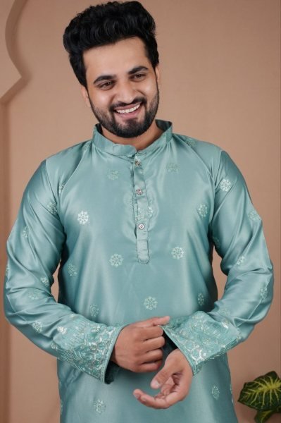 Stunning Turquoise Festive Wear Kurta Pyjama Set with Premium Silk Fabric Kurta Pajama Wholesale