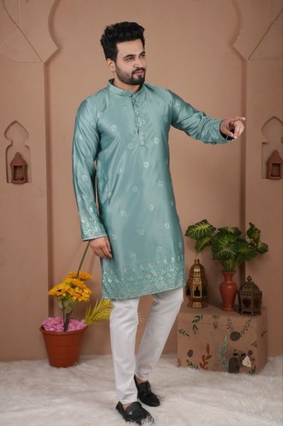 Stunning Turquoise Festive Wear Kurta Pyjama Set with Premium Silk Fabric Kurta Pajama Wholesale