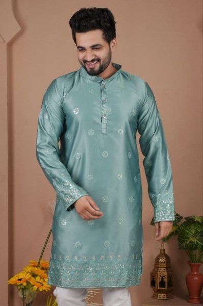 Stunning Turquoise Festive Wear Kurta Pyjama Set with Premium Silk Fabric Kurta Pajama Wholesale