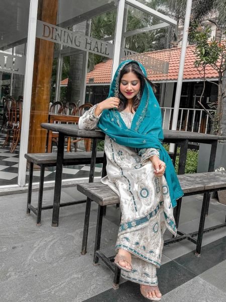 Stunning White and Teal Embroidered Salwar Suit with Palazzo Perfect for Celebrations Ready To Wear Collection