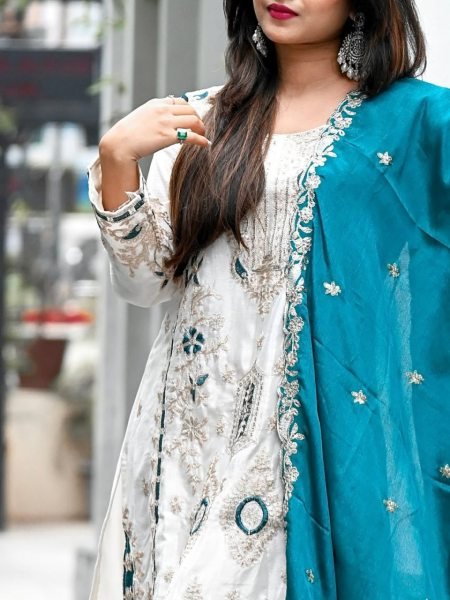 Stunning White and Teal Embroidered Salwar Suit with Palazzo Perfect for Celebrations Ready To Wear Collection