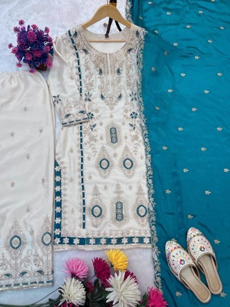 Stunning White and Teal Embroidered Salwar Suit with Palazzo Perfect for Celebrations Ready To Wear Collection