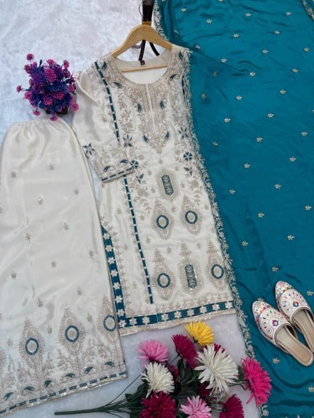 Stunning White and Teal Embroidered Salwar Suit with Palazzo Perfect for Celebrations Ready To Wear Collection