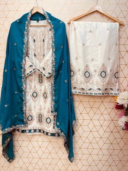 Stunning White and Teal Embroidered Salwar Suit with Palazzo Perfect for Celebrations Ready To Wear Collection