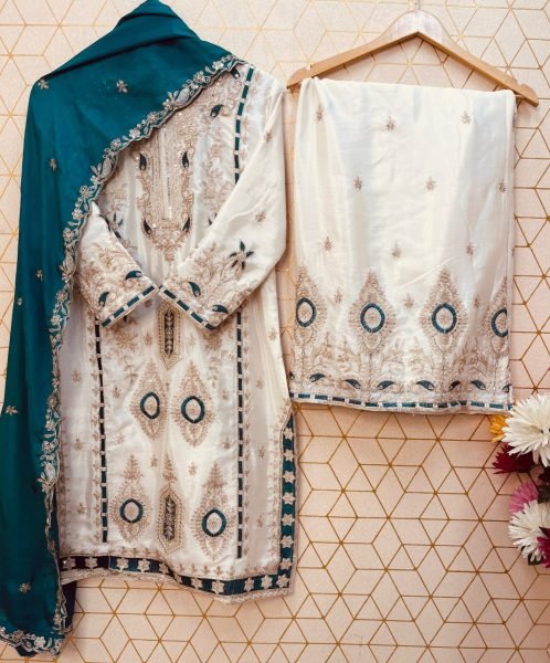 Stunning White and Teal Embroidered Salwar Suit with Palazzo Perfect for Celebrations Ready To Wear Collection