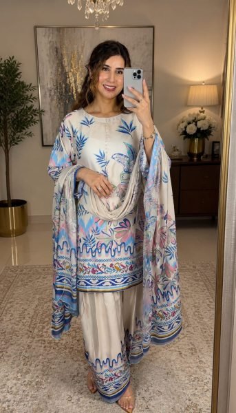 Stunning White Crepe Silk Patiala Suit With Digital Print Suit Set For Women Ready To Wear Collection