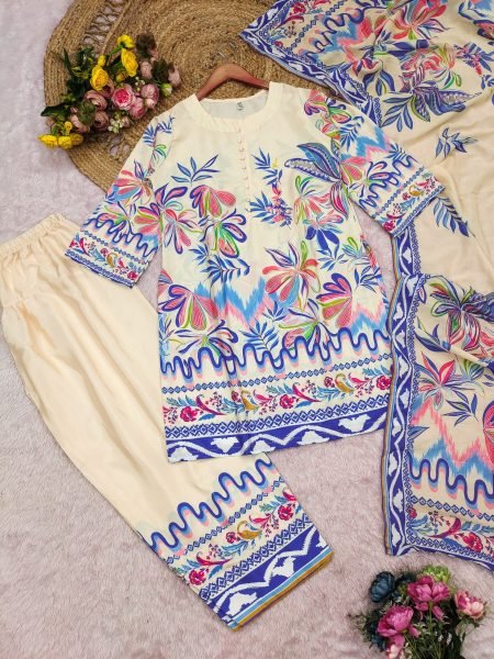 Stunning White Crepe Silk Patiala Suit With Digital Print Suit Set For Women Ready To Wear Collection