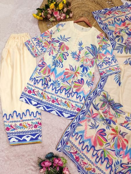 Stunning White Crepe Silk Patiala Suit With Digital Print Suit Set For Women Ready To Wear Collection