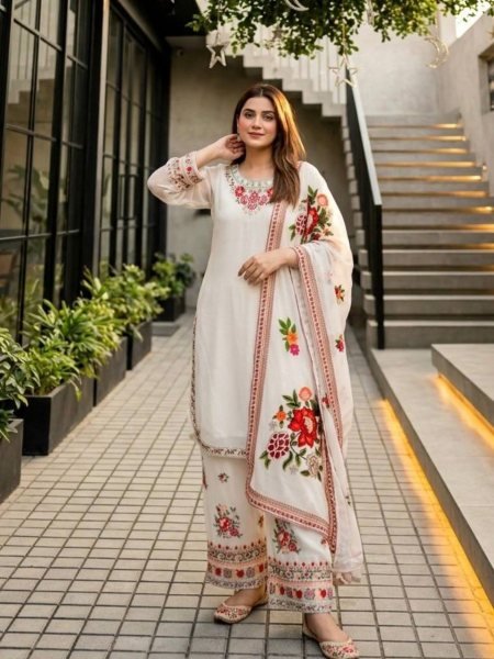 Majestic White Faux Georgette Kurti Palazzo Dupatta Set with Heavy Thread Work 