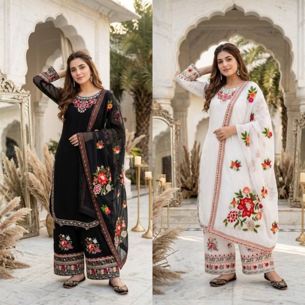 Majestic White Faux Georgette Kurti Palazzo Dupatta Set with Heavy Thread Work Ready To Wear Collection
