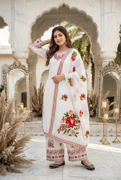 Majestic White Faux Georgette Kurti Palazzo Dupatta Set with Heavy Thread Work Ready To Wear Collection