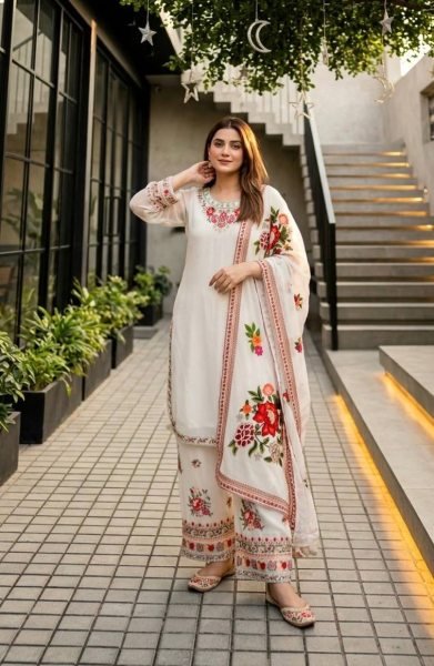 Majestic White Faux Georgette Kurti Palazzo Dupatta Set with Heavy Thread Work Ready To Wear Collection