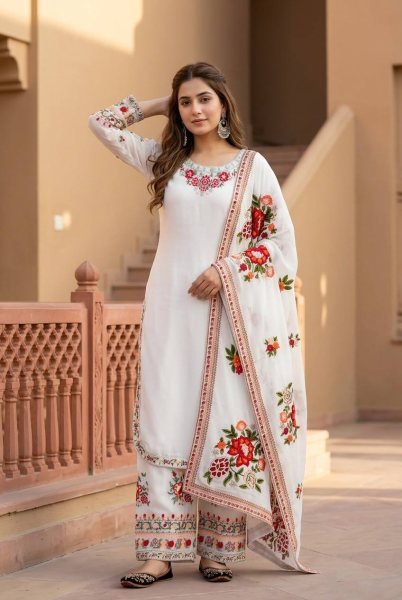 Majestic White Faux Georgette Kurti Palazzo Dupatta Set with Heavy Thread Work Ready To Wear Collection
