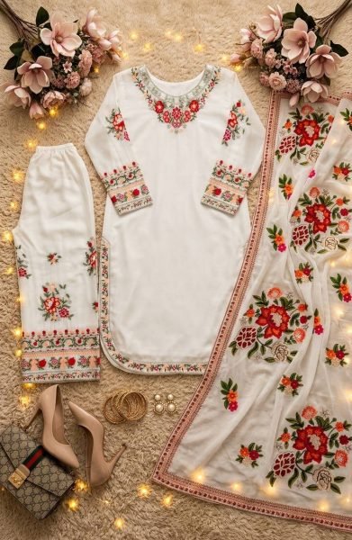 Majestic White Faux Georgette Kurti Palazzo Dupatta Set with Heavy Thread Work Ready To Wear Collection