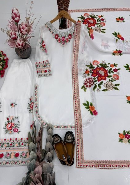 Majestic White Faux Georgette Kurti Palazzo Dupatta Set with Heavy Thread Work Ready To Wear Collection
