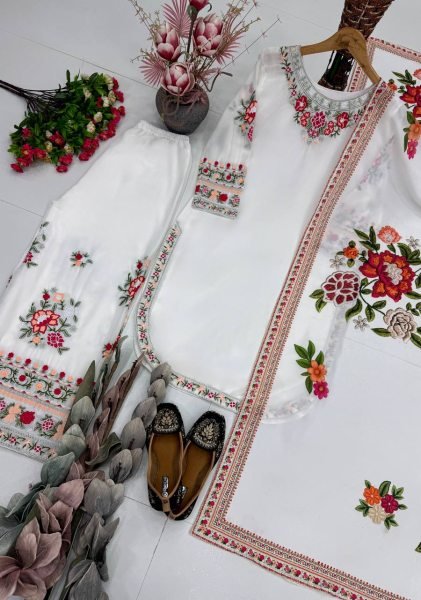 Majestic White Faux Georgette Kurti Palazzo Dupatta Set with Heavy Thread Work Ready To Wear Collection