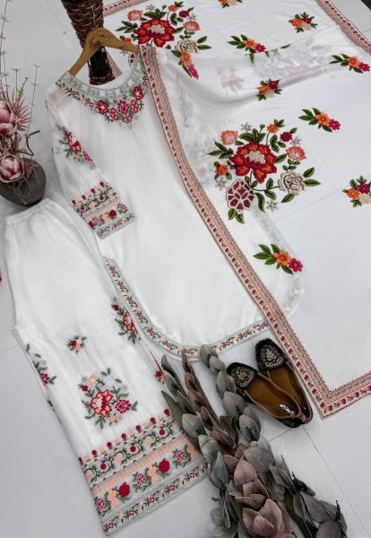 Majestic White Faux Georgette Kurti Palazzo Dupatta Set with Heavy Thread Work Ready To Wear Collection