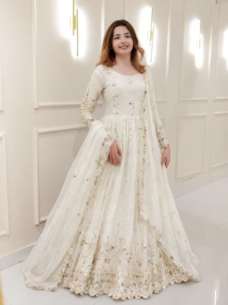 Stunning White Fendy Gown with Stitched Pant and Heavy Embroidered Sequins Dupatta Ready To Wear Suit